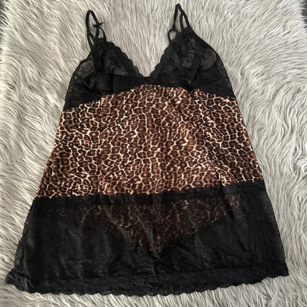 Just Sexy Lingerie Slip Womens Size 2X Black Brown Leopard Sheer Mesh Pajamas